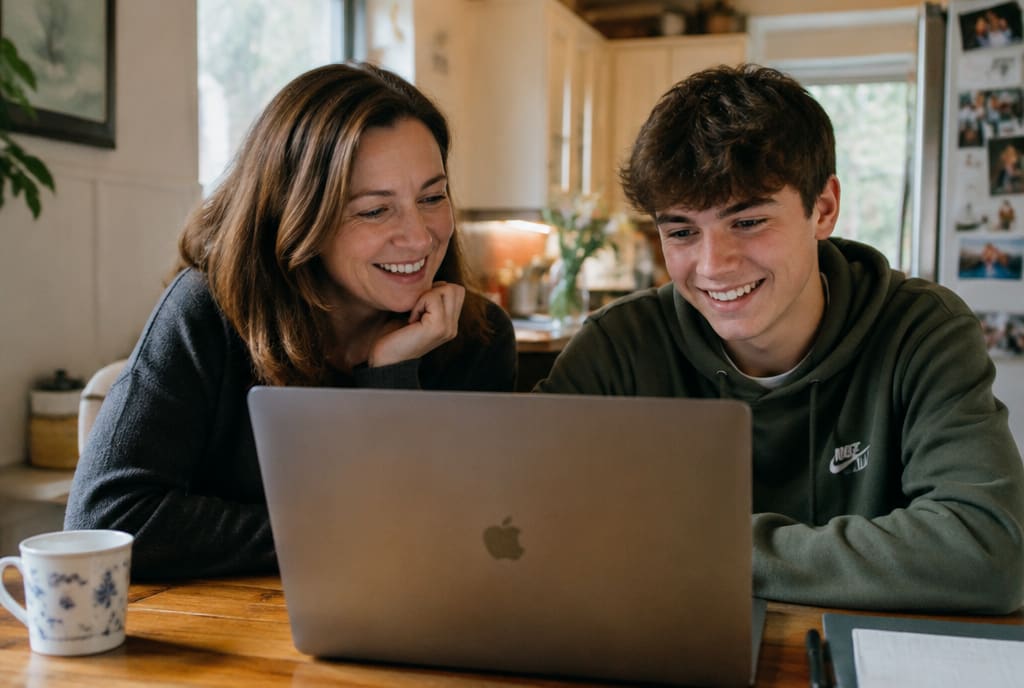 A parent and their teenager looking through course results together
